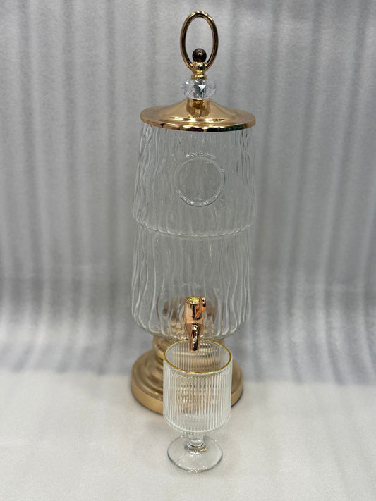 LUXURY AMBER TEXTURED GLASS WATER DISPENSER WITH 6 GOBLET CUPS – GOLD FAUCET & STAND | PREMIUM HOME & KITCHEN SERVER - GOLD