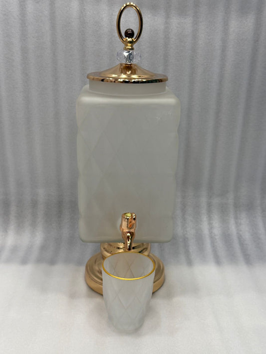 LUXURY AMBER TEXTURED GLASS WATER DISPENSER WITH 6 GOBLET CUPS – GOLD FAUCET & STAND | PREMIUM HOME & KITCHEN SERVER - GOLD