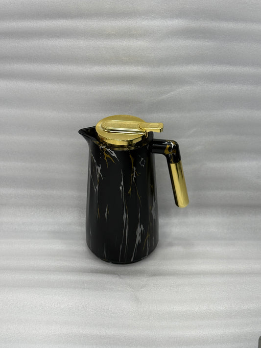 LUXURY BLACK MARBLE THERMAL CARAFE 1 LITRE – GOLD LID & HANDLE VACUUM INSULATED HOT & COLD