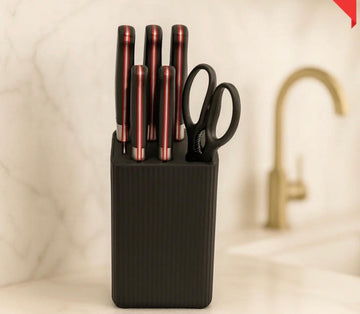 RUST-PROOF STAINLESS KNIFE 7 PIECES SET – FULL KITCHEN RANGE WITH HOLDER - BLACK