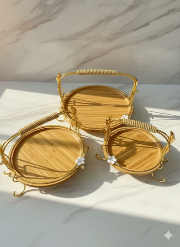 3 piece luxury wooden platters with gold handles
