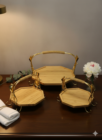 3 piece luxury wooden platters with gold handles