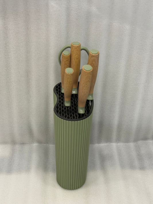 7-PIECE STAINLESS STEEL KNIFE SET – ERGONOMIC WOOD HANDLES + STAND - GREEN