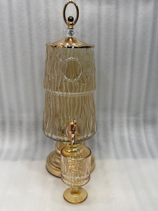 LUXURY AMBER TEXTURED GLASS WATER DISPENSER WITH 6 GOBLET CUPS – GOLD FAUCET & STAND | PREMIUM HOME & KITCHEN SERVER - GOLD
