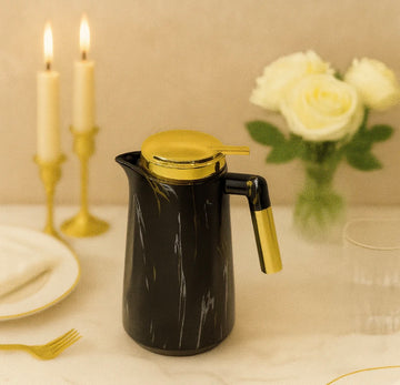 LUXURY BLACK MARBLE THERMAL CARAFE 1 LITRE – GOLD LID & HANDLE VACUUM INSULATED HOT & COLD