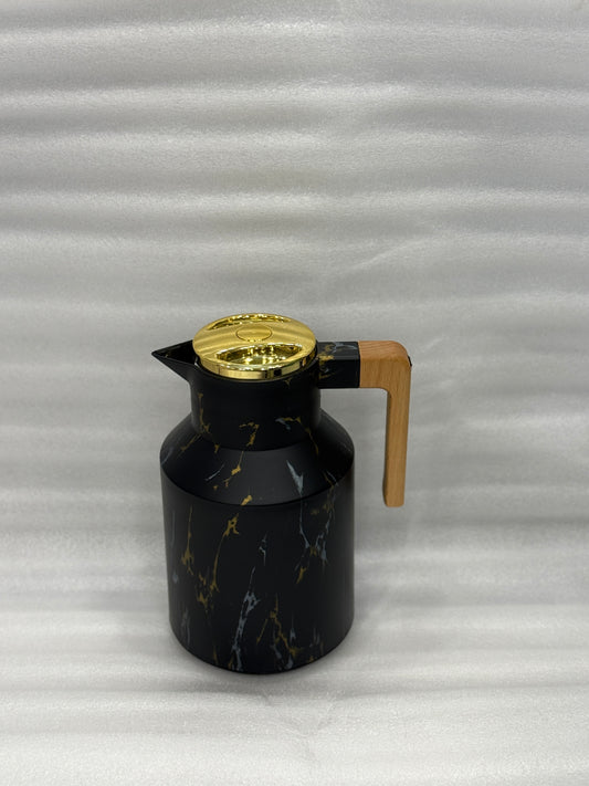 BLACK MARBLE VACUUM INSULATED THERMAL KETTLE 1 LITRE – GOLD TOP WOODEN HANDLE