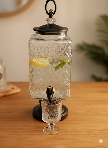3L Patterned Glass Beverage Dispenser with 6 Cups
