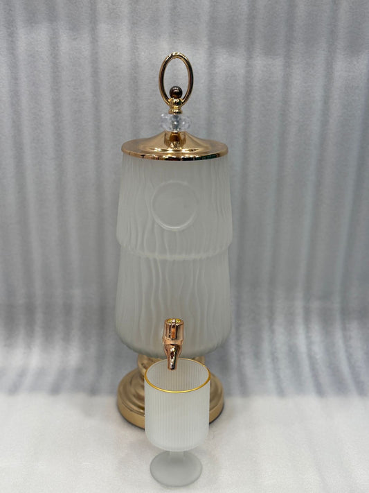 LUXURY AMBER TEXTURED GLASS WATER DISPENSER WITH 6 GOBLET CUPS – GOLD FAUCET & STAND | PREMIUM HOME & KITCHEN SERVER - GOLD