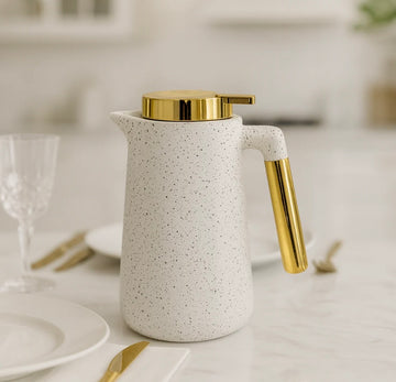 VACUUM FLASK CARAFE 1 LITRE– WHITE STONE TEXTURE GOLD ACCENTS