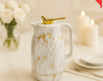 VACUUM INSULATED THERMAL KETTLE 1 LITRE – WHITE MARBLE GOLD WITH GOLD BIRD HANDLE LUXURY DINING