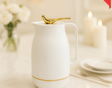 VACUUM INSULATED THERMAL KETTLE 1 LITRE – WHITE WITH GOLD BIRD HANDLE LUXURY DINING