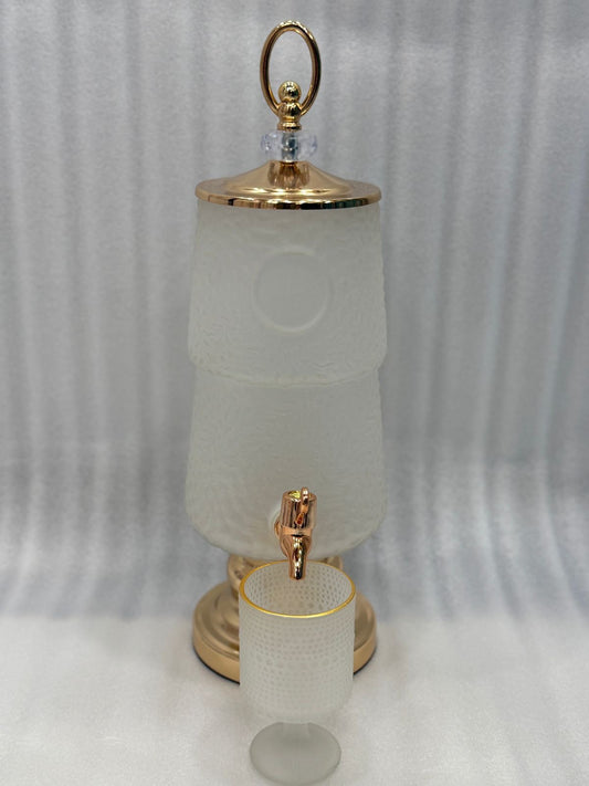 LUXURY AMBER TEXTURED GLASS WATER DISPENSER WITH 6 GOBLET CUPS – GOLD FAUCET & STAND | PREMIUM HOME & KITCHEN SERVER - GOLD