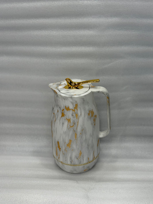 VACUUM INSULATED THERMAL KETTLE 1 LITRE – WHITE MARBLE GOLD WITH GOLD BIRD HANDLE LUXURY DINING
