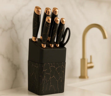 7-PIECE RUST-PROOF KNIFE SET – PREMIUM BLOCK FULL KITCHEN KIT - BLACK