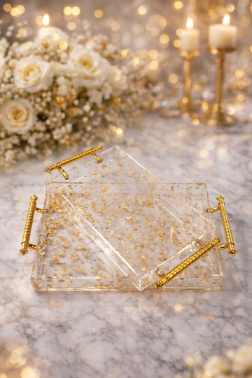 Wooden Serving Tray set of 3 in Full Transparent with Golden Handle
