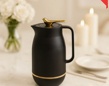 VACUUM INSULATED THERMAL KETTLE 1 LITRE – BLACK WITH GOLD BIRD HANDLE LUXURY DINING