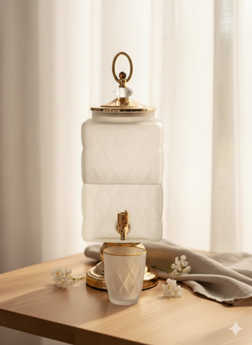 LUXURY AMBER TEXTURED GLASS WATER DISPENSER WITH 6 GOBLET CUPS – GOLD FAUCET & STAND | PREMIUM HOME & KITCHEN SERVER - GOLD