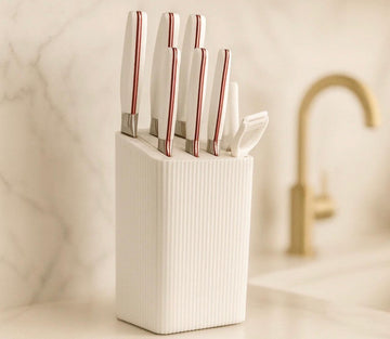 RUST-PROOF STAINLESS KNIFE 7 PIECES SET – FULL KITCHEN RANGE WITH HOLDER - WHITE