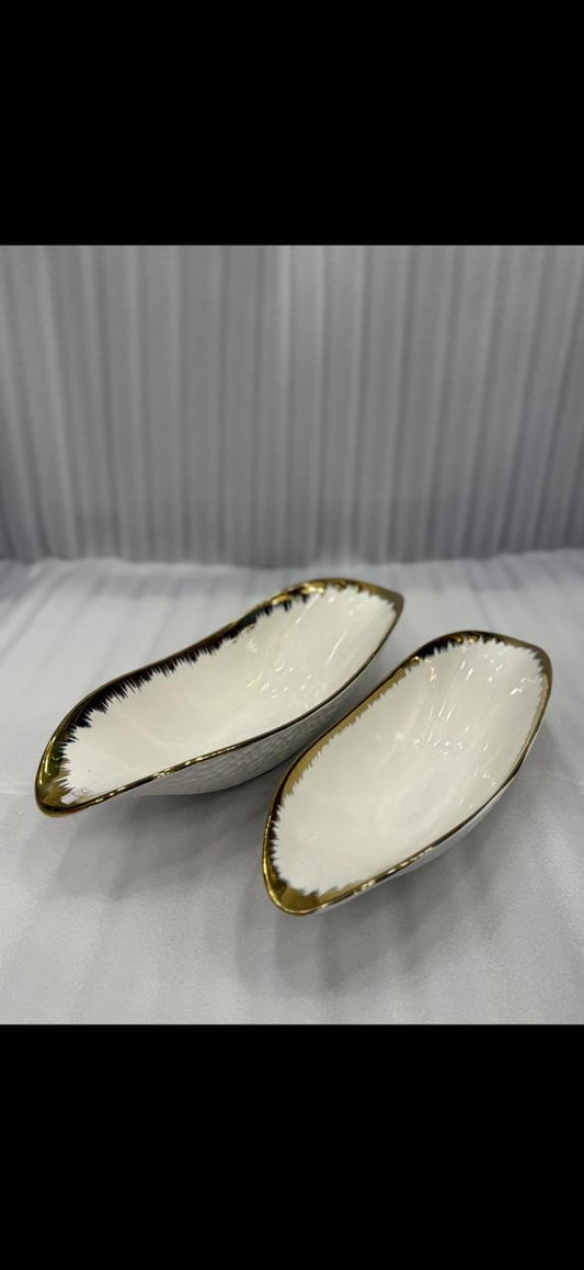 White & Gold Porcelain Platters - Premium 2-Piece Serving Set