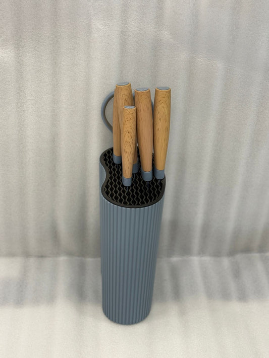 7-PIECE STAINLESS STEEL KNIFE SET – ERGONOMIC WOOD HANDLES + STAND - GREY