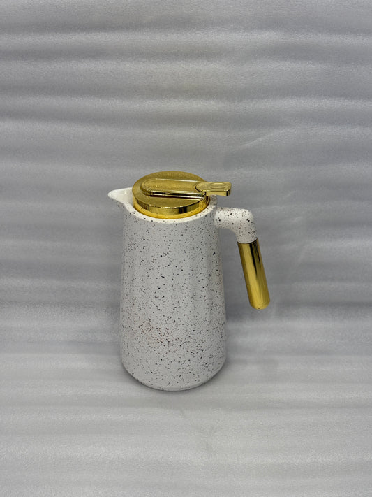 VACUUM FLASK CARAFE 1 LITRE– WHITE STONE TEXTURE GOLD ACCENTS