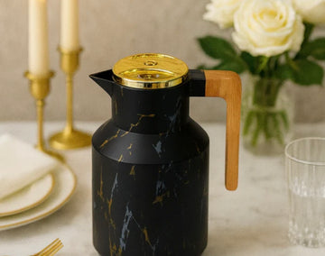 BLACK MARBLE VACUUM INSULATED THERMAL KETTLE 1 LITRE – GOLD TOP WOODEN HANDLE