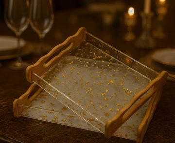 PREMIUM CLEAR RESIN SERVING TRAYS WITH WOOD SIDES – 2 PIECES