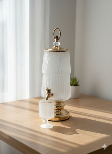 LUXURY AMBER TEXTURED GLASS WATER DISPENSER WITH 6 GOBLET CUPS – GOLD FAUCET & STAND | PREMIUM HOME & KITCHEN SERVER - GOLD