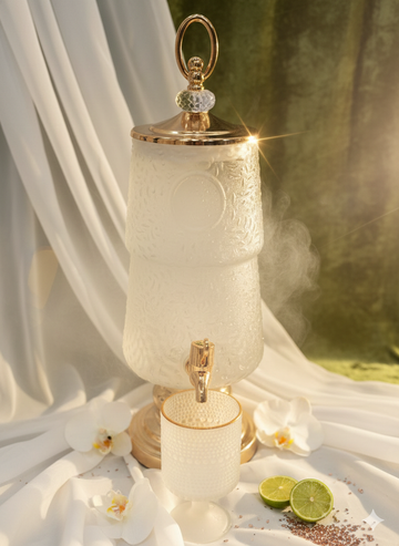 LUXURY AMBER TEXTURED GLASS WATER DISPENSER WITH 6 GOBLET CUPS – GOLD FAUCET & STAND | PREMIUM HOME & KITCHEN SERVER - GOLD
