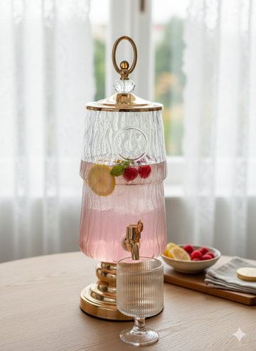 LUXURY AMBER TEXTURED GLASS WATER DISPENSER WITH 6 GOBLET CUPS – GOLD FAUCET & STAND | PREMIUM HOME & KITCHEN SERVER - GOLD