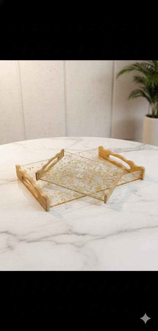 PREMIUM CLEAR RESIN SERVING TRAYS WITH WOOD SIDES – 2 PIECES