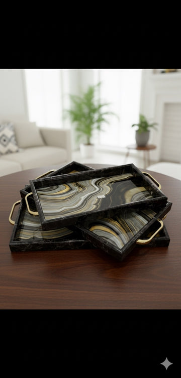 3-Pieces Black Aesthetic & Gold Marble-look Serving Tray set
