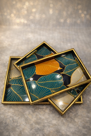 3-pieces Gold Aesthetic Leaf-look serving tray set