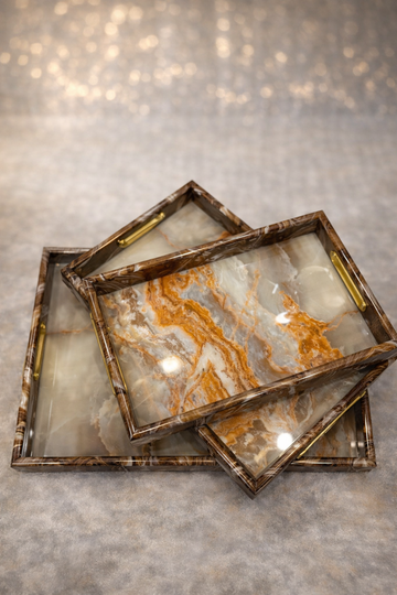3-pcs Wooden & Marble/Textured serving tray set