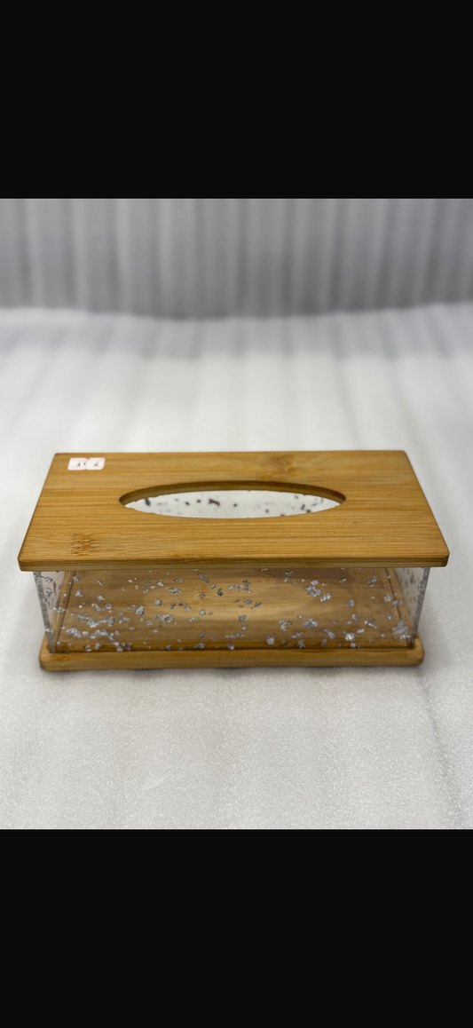 Premium Bamboo wooden acrylic tissue box with silver flakes.