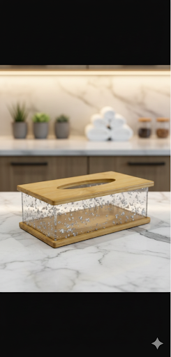Premium Bamboo wooden acrylic tissue box with silver flakes.