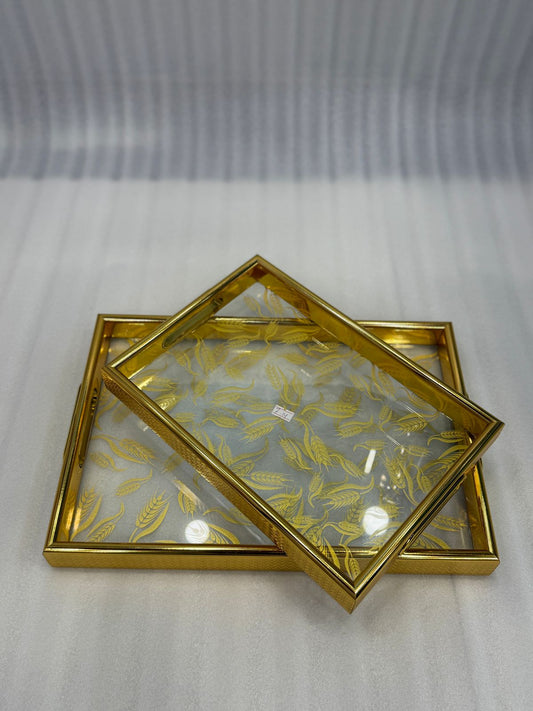 GOLD LEAF DESIGN RECTANGULAR TRAYS – LUXURY DINING TABLE TEA/COFFEE & DECOR DISPLAY – 2-PIECE SET