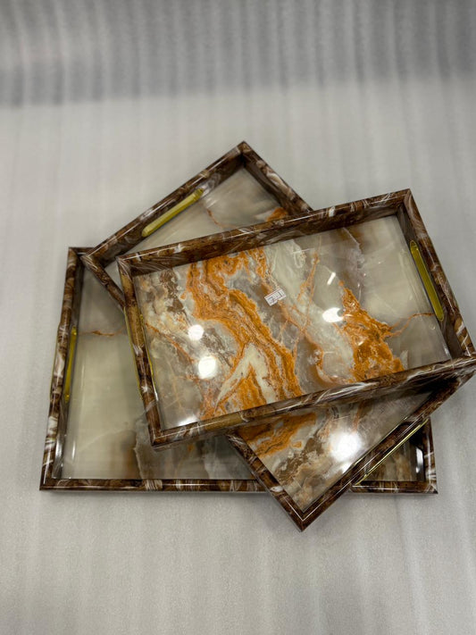 3-pcs Wooden & Marble/Textured serving tray set